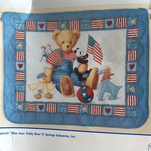 RARE! Springmaid Blue Jean Teddy Bear Quilt Crib Blanket New! Americana Flag